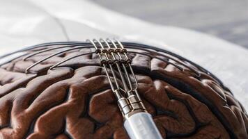 A closeup view of a brain implant device intricately designed with metallic circuits positioned against the textured surface of neural tissue.. photo