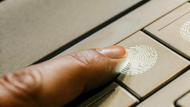 A macro shot of a human fingertip enhanced with a tactile feedback device displaying a holographic interface for digital interaction with lightreflecting textures accentuating the. photo