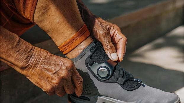 Closeup of a gnarled hand adjusting a smart ankle brace showcasing its flexible design and sensors meant to optimize movement and enhance stability during daily activities.. photo