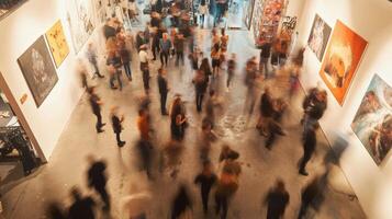 An overhead view of the gallerys opening night showcasing a diverse range of art installations with a blurred sea of patrons mingling sipping drinks and discussing artworks as the photo