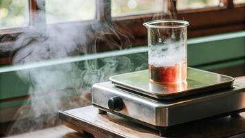 A closeup view of a portable hotplate with a beaker undergoing a gentle heating process steam rising as colored vapors mix visually highlighting the science of drug formulation.. photo