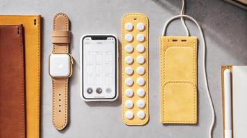 A set of biohacking tools neatly arranged on a workspace including a fitness tracker glucose monitor and supplements all connected to a central mobile dashboard.. photo