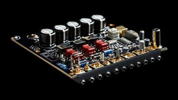A detailed view of an internal circuit board inside a wireless preamp focusing on highquality capacitors resistors and integrated chips demonstrating the advanced technology used fo photo