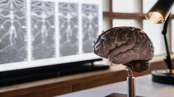An illuminated brain implant with intricate microchips glistening under soft lighting positioned within a sleek laboratory setting filled with holographic displays depicting brain. photo