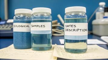 Close view of a collection of jars filled with various biological samples labeled with dates and descriptions capturing the essence of an experimental DIY biohacking environment.. photo