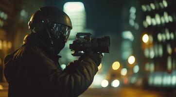 A filmmaker equipped with a helmetmounted infrared camera maneuvering through a dark urban setting showcasing the versatility of the technology in capturing dynamic scenes without visibl photo