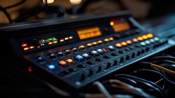 Professional mixing console showing illuminated signal meters and faders in a recording studio photo