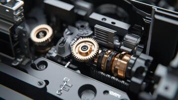 An advanced followfocus mechanism mounted on a cinema camera rig showcasing intricate gears and markings that allow for smooth precise adjustments with a dynamic scene being capture photo