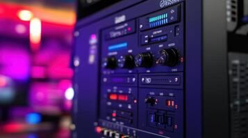 A closeup view captures the connection ports and control buttons of a high dynamic range monitor. Behind it multiple color calibration tools and reference charts are neatly arrange photo