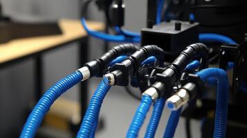 Close up of blue cables connecting to a robotic arm in a workshop photo