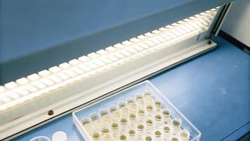 An overhead shot of a workstation with an array of test samples and a hightech incubator in the background illuminated by soft lab lighting showcasing the dynamic environment of. photo
