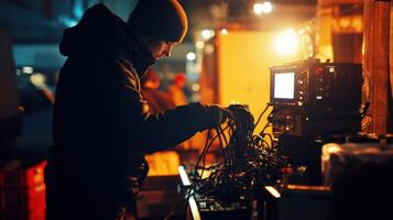 Videographer connecting cables to broadcasting control panel during night shooting photo