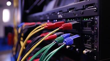 Network cables connecting to server in data center transmitting data photo