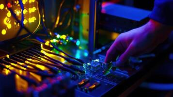 An engineers hands meticulously connecting a specialized fiber optic link to a camera with a background of advanced electronic equipment highlighting the precision and care involve photo