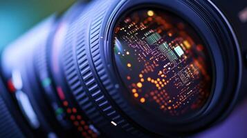Camera lens showing futuristic circuit board reflecting in glass photo