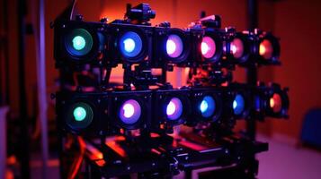 An experimental camera rig with multiple lenses equipped with adaptive optical filters that dynamically adjust to ambient light levels highlighting their role in minimizing grainines photo
