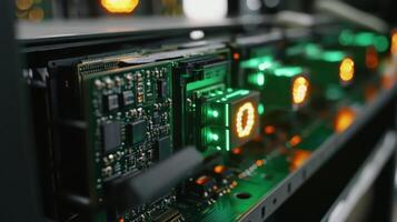 A closeup of specialized hardware devices with blinking LEDs focused on a circuit board showing the intricate components designed for highspeed encoding and transmission emphasizin photo