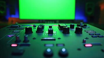 Closeup view of a sophisticated chroma key control panel showcasing various s and buttons for adjusting color ranges and keying parameters. Behind it a vibrant green screen stands photo