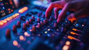Closeup view of a color grading control surface displaying an array of tactile controls including an illuminated display panel with the technicians hands delicately finetuning the setting photo