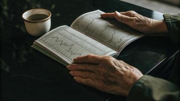 The focus is on an elderly persons hands gently turning the pages of a report filled with charts and graphs that illustrate the results of their genetic profiling with a cup of. photo