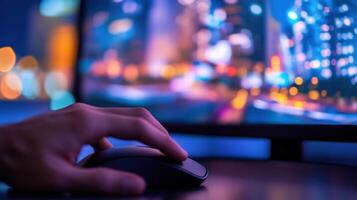 A side view of a technicians hand manipulating a mouse navigating through the distortion correction software. In the background a blurred image of a cityscape on the monitor demonstrate photo