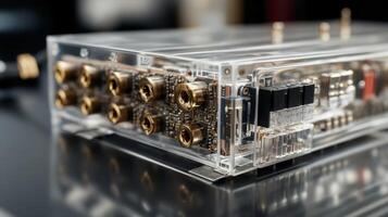 A closeup view of a professionalgrade splitter with detailed labels on each output port and an intricate internal circuit board visible through a transparent casing emphasizin photo