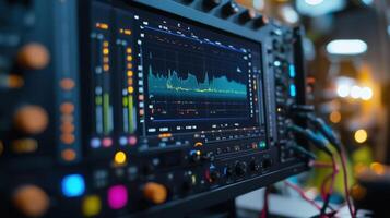 A zoomedin shot capturing the detailed interface of a waveform monitor focusing on the numerical values and various controls for adjusting brightness and contrast. The monitor is flanke photo