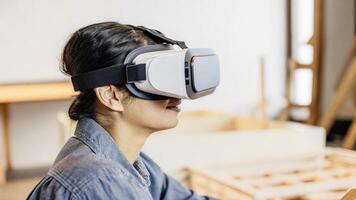 An individual with a neural headset their eyes wide with immersion as augmented reality overlays project digital information onto a physical object in front of them.. photo