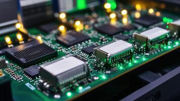 Electronic circuit board showing data processing with green lights and components photo