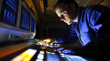A technician leans forward surrounded by dim lighting as they expertly work with a sophisticated control surface their hands dancing over various dials and buttons enhancing the visua photo