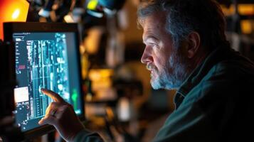 A side profile of a cinematographer intently adjusting the settings on a waveform monitor highlighted by the soft glow of the screen. The waveform display shows a wellbalanced exposur photo