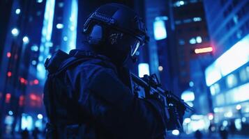 A filmmaker equipped with a helmetmounted infrared camera maneuvering through a dark urban setting showcasing the versatility of the technology in capturing dynamic scenes without visibl photo