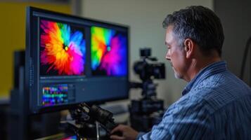 An operator meticulously adjusts the calibration device positioned in front of a highresolution monitor displaying a vibrant visual spectrum while a camera is set nearby for precis photo