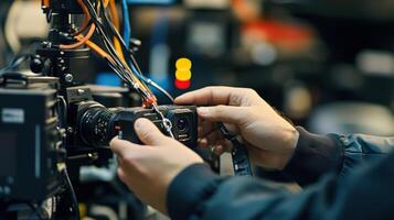 An engineers hands meticulously connecting a specialized fiber optic link to a camera with a background of advanced electronic equipment highlighting the precision and care involve photo