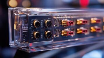 A closeup view of a professionalgrade splitter with detailed labels on each output port and an intricate internal circuit board visible through a transparent casing emphasizin photo