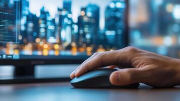 Hand using computer mouse in modern filmmaking environment photo
