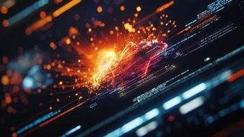A closeup of a computer screen displaying lines of code and a vibrant 3D visual highlighting the intricate details of an animated scene being processed by a powerful render farm showcasin photo