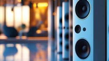A closeup of highfidelity speakers arranged strategically in a modern living space illustrating the seamless integration of a wireless audio system with multiple outputs emphasizin photo