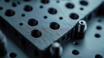 An extreme closeup of a seamless 3Dprinted camera plate highlighting its lightweight structure and a series of threaded holes arranged for optimal versatility in attaching various camer photo