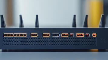 An isolated view of the back panel of a wireless router showcasing multiple input and output ports LED indicators and ventilation grills all designed for efficient signal processin photo
