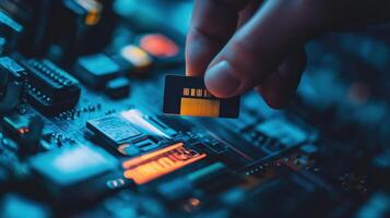 A dynamic composition featuring a hand inserting a memory card into a highspeed card reader with motion blur illustrating the swift action set against a backdrop of blurred professiona photo