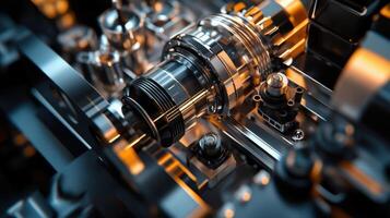 An overhead perspective of the camera shutter being engaged exposing the interlocking mechanisms and electronic components with reflections and shadows accentuating the engineerin photo