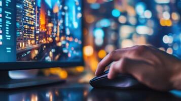 A side view of a technicians hand manipulating a mouse navigating through the distortion correction software. In the background a blurred image of a cityscape on the monitor demonstrate photo