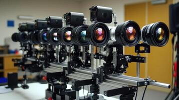 An experimental camera rig with multiple lenses equipped with adaptive optical filters that dynamically adjust to ambient light levels highlighting their role in minimizing grainines photo