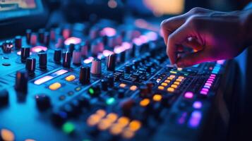 Sound engineer mixing music on audio mixing console in a recording studio photo