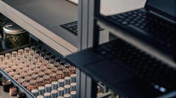 Hightech laboratory equipment including a sequencer and a laptop displaying genetic data surrounded by containers of colorful supplements and herbal blends emphasizing personalized. photo