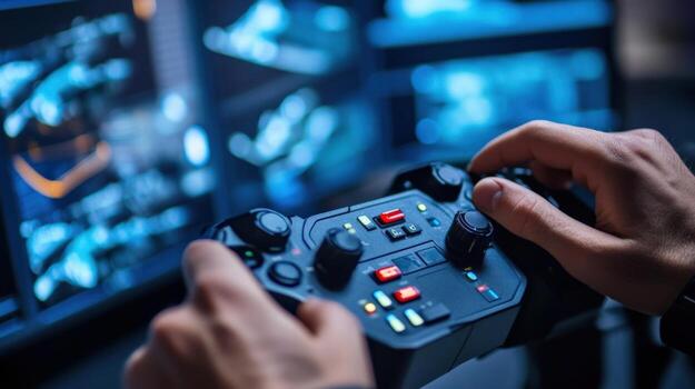 A closeup of a technicians hands manipulating a sleek joystick controller designed for a PTZ camera system. The controller is illuminated with LEDs showing active functions while photo