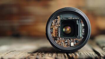 Modern camera lens showing electronic components and sensor technology photo