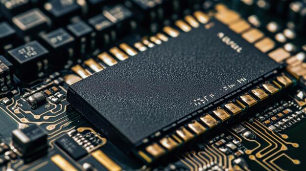 A closeup of a memory cards intricate circuitry and branding next to a digital interface displaying transfer speeds highlighting the technological sophistication and performance photo