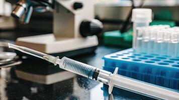 Detailed image of a syringe filled with a CRISPRrelated solution resting next to a lab bench indicating preparation for gene editing procedures on human cells.. photo